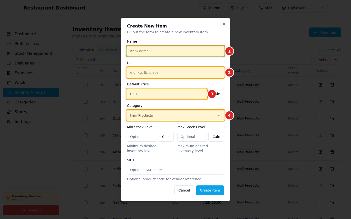 Fill in the new-item form